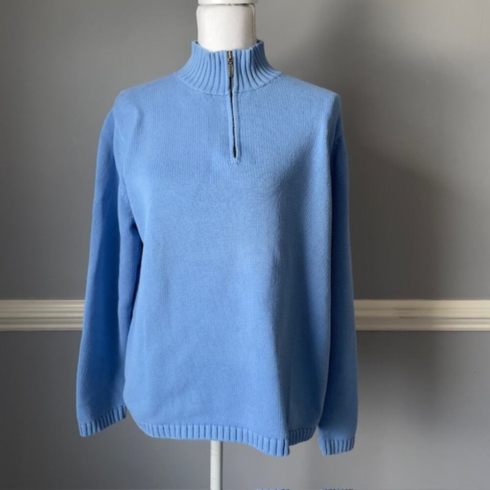 L. L. Bean Women Sweater Blue Mock Neck Cotton Large Pullover Zip Heritage